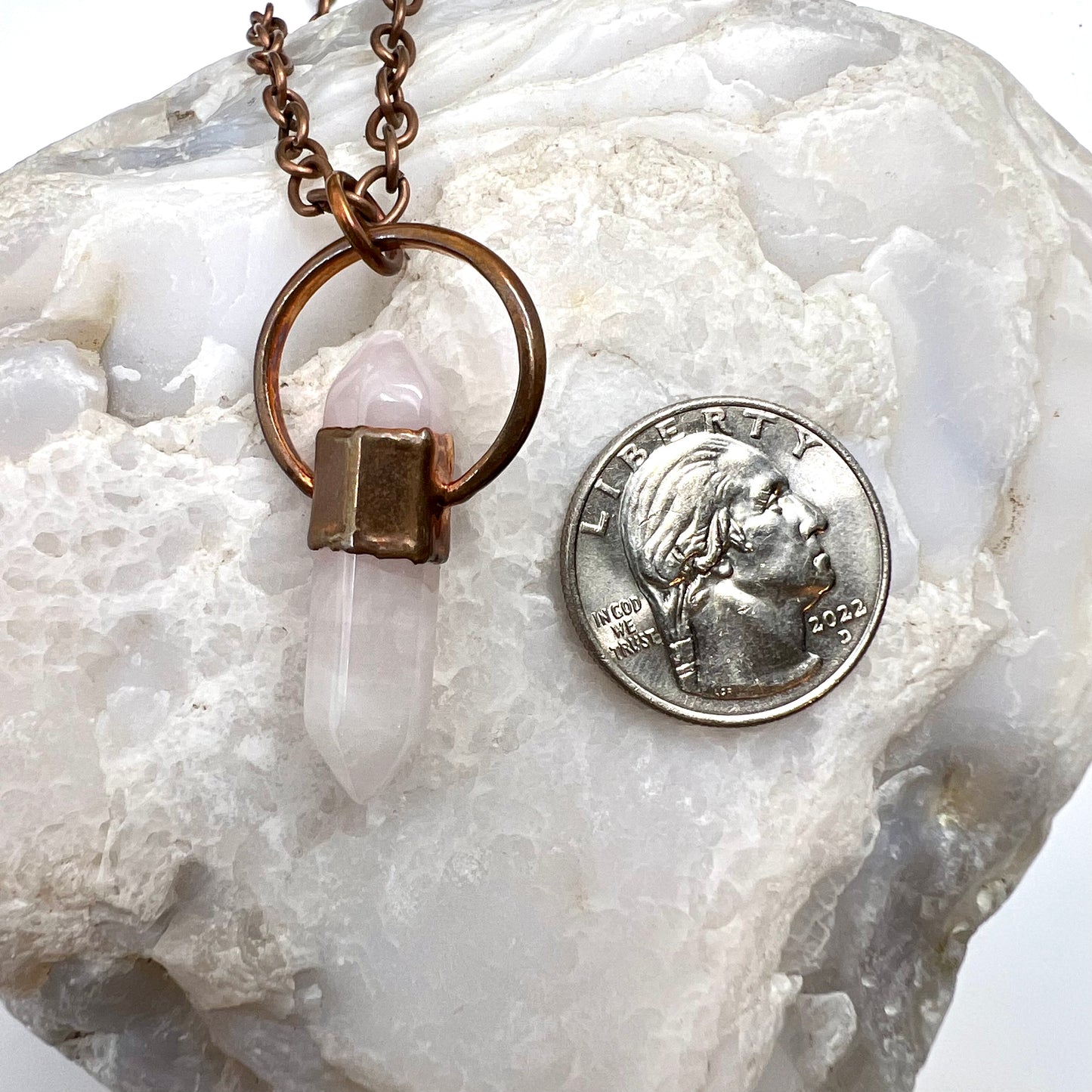 Double Terminated Rose Quartz Necklace - "B" Quality - Copper Electroformed