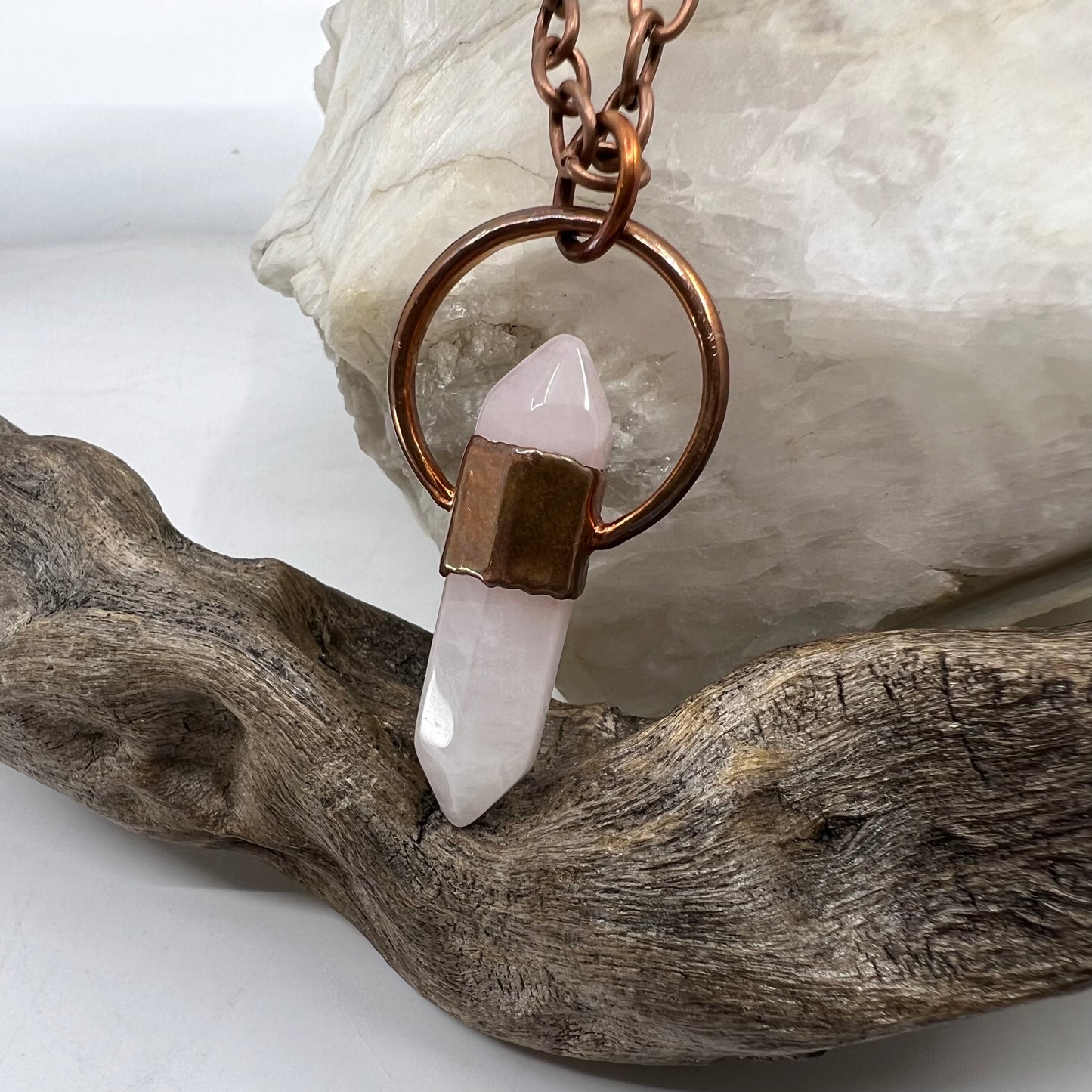 Double Terminated Rose Quartz Necklace - "B" Quality - Copper Electroformed