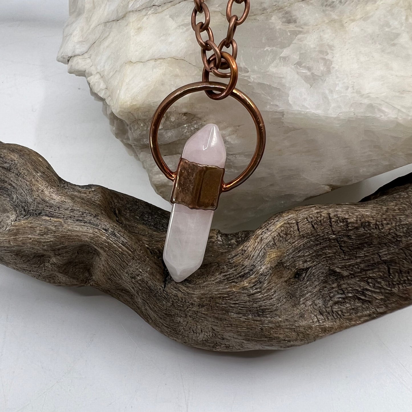 Double Terminated Rose Quartz Necklace - "B" Quality - Copper Electroformed