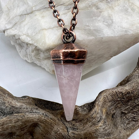 Rose Quartz Pendulum Necklace - "B" Quality - Copper Electroformed