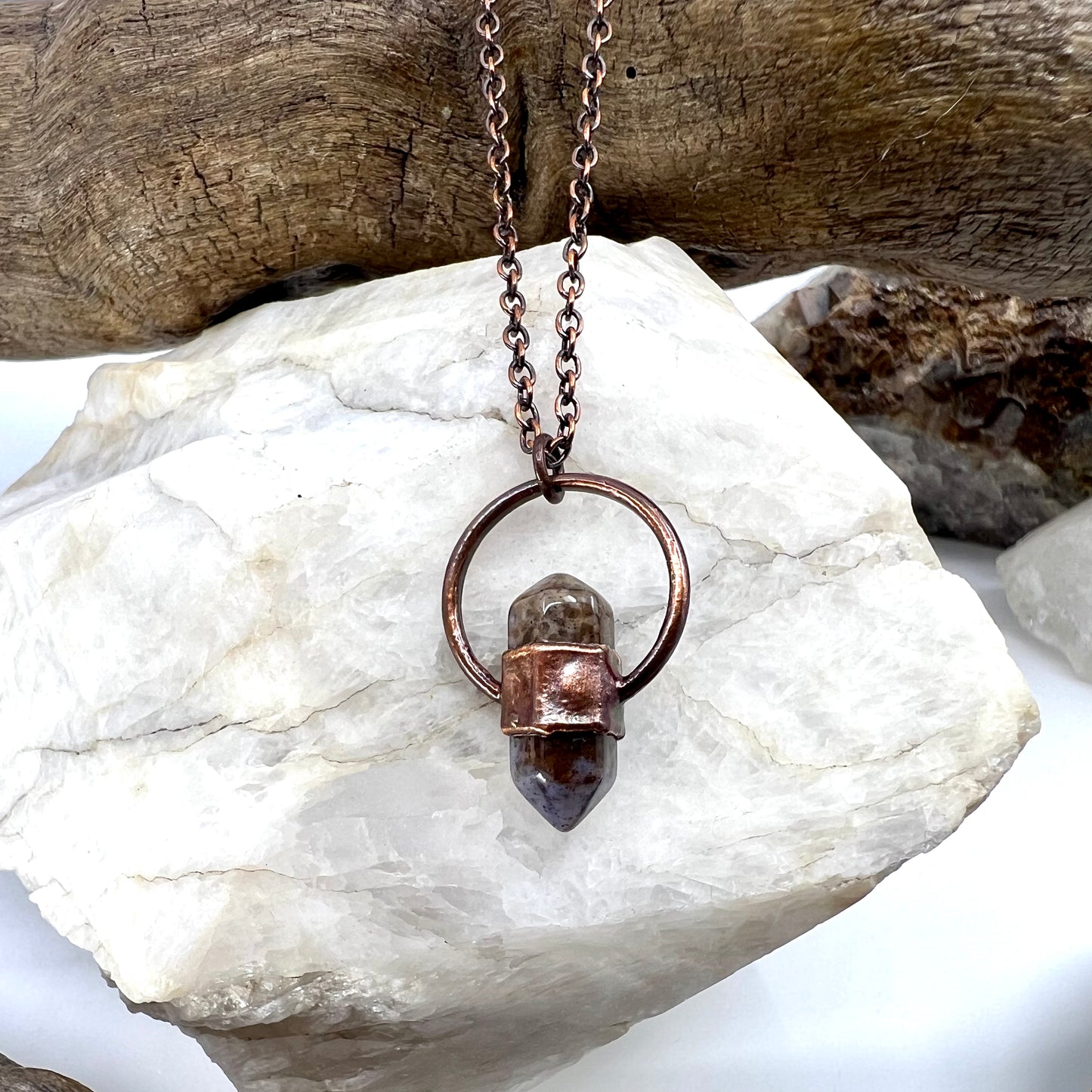 Mini Double Terminated Moss Agate Necklace - Copper Electroformed