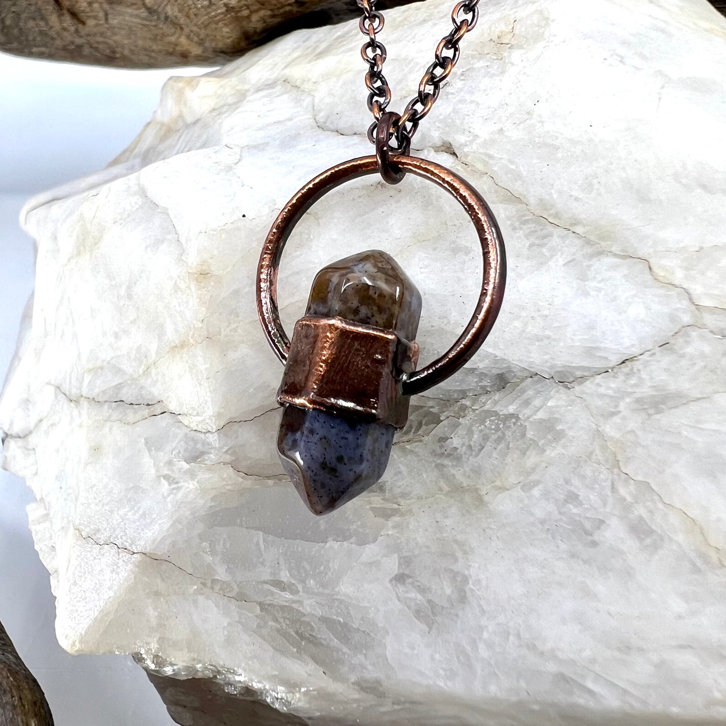 Mini Double Terminated Moss Agate Necklace - Copper Electroformed