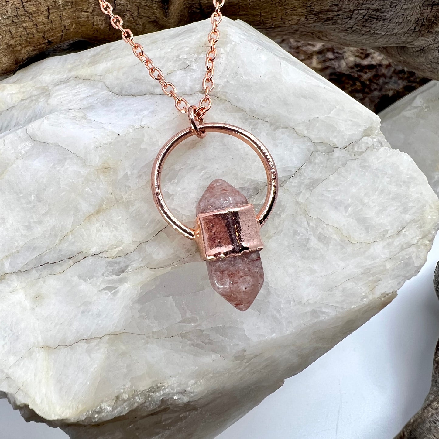 Mini Double Terminated Strawberry Quartz Necklace - Copper Electroformed