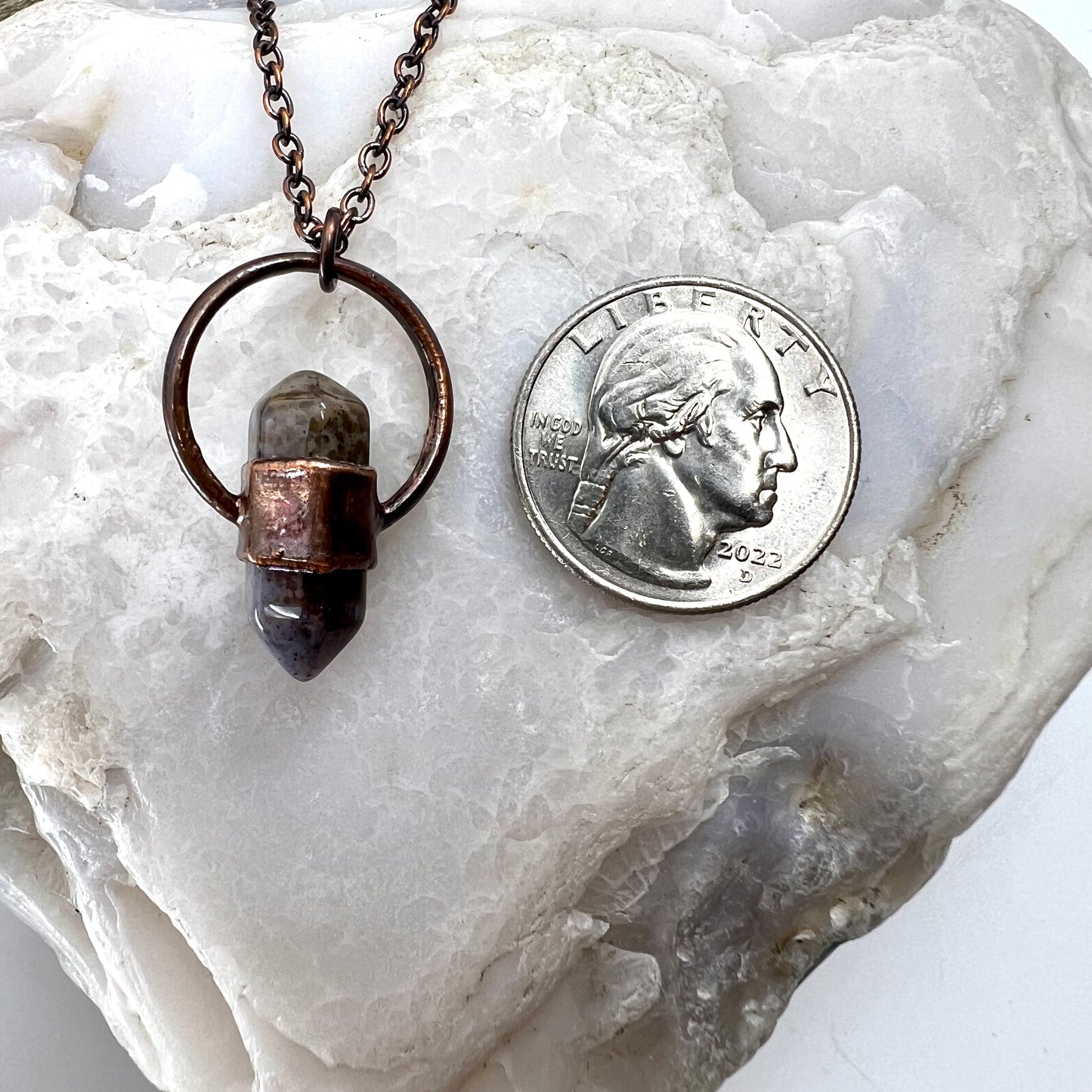 Mini Double Terminated Moss Agate Necklace - Copper Electroformed