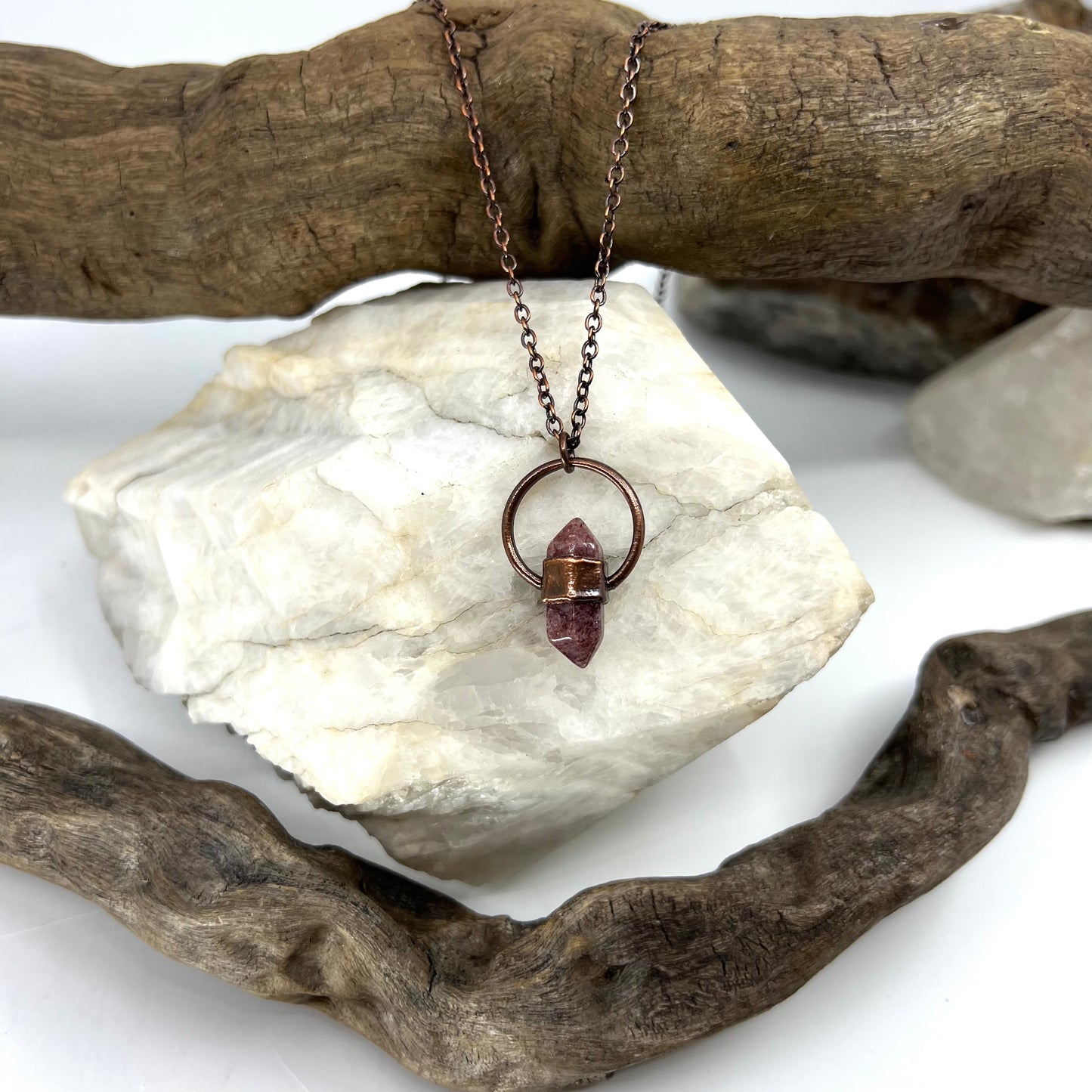 Mini Double Terminated Strawberry Quartz Necklace - Copper Electroformed