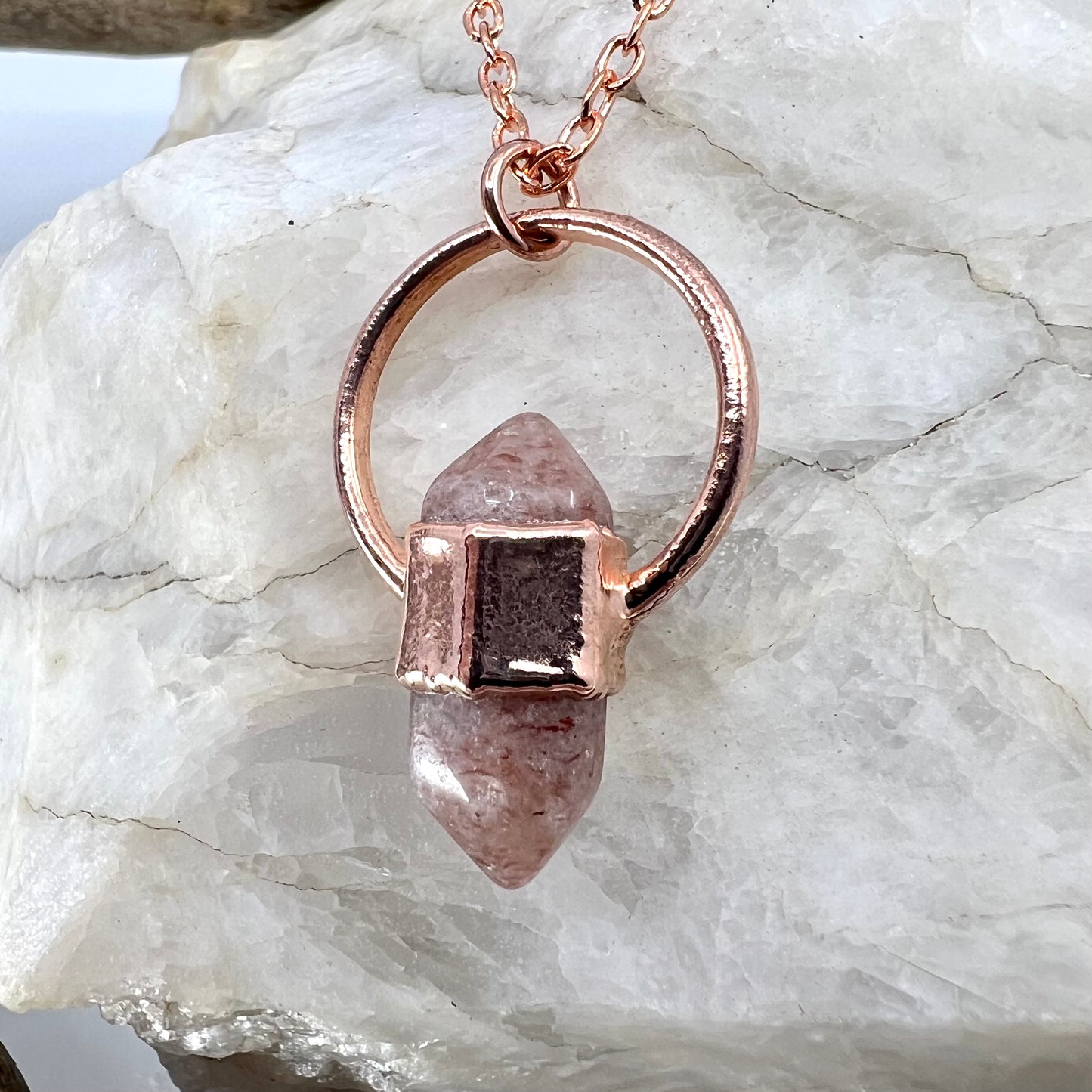 Mini Double Terminated Strawberry Quartz Necklace - Copper Electroformed