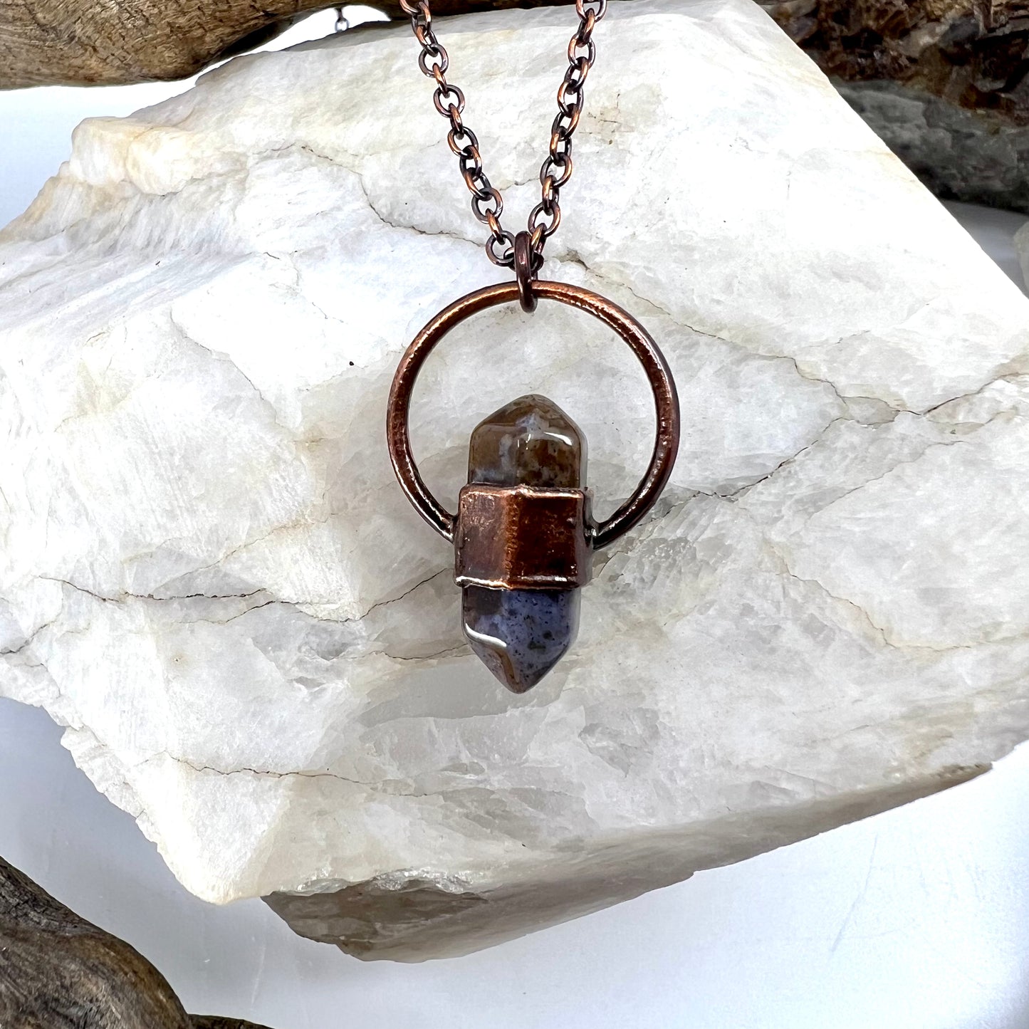 Mini Double Terminated Moss Agate Necklace - Copper Electroformed