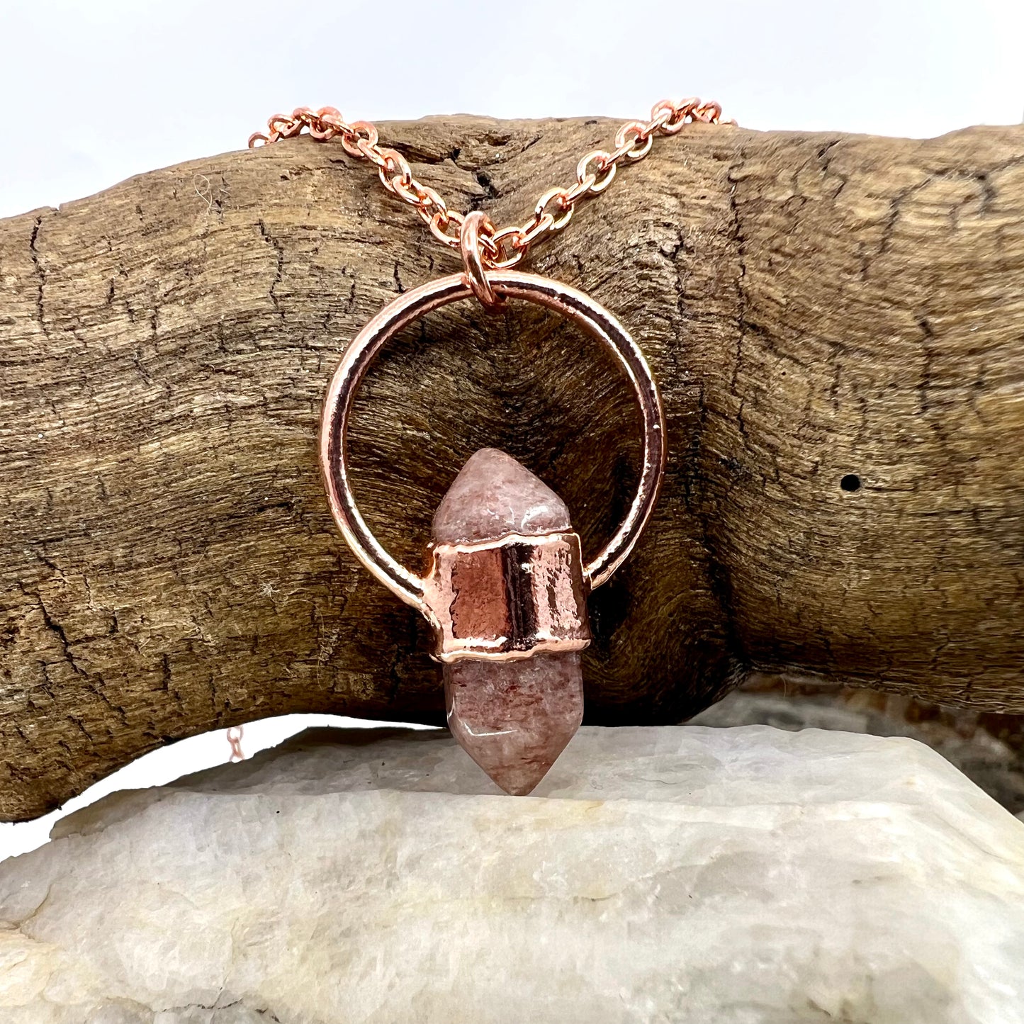 Mini Double Terminated Strawberry Quartz Necklace - Copper Electroformed