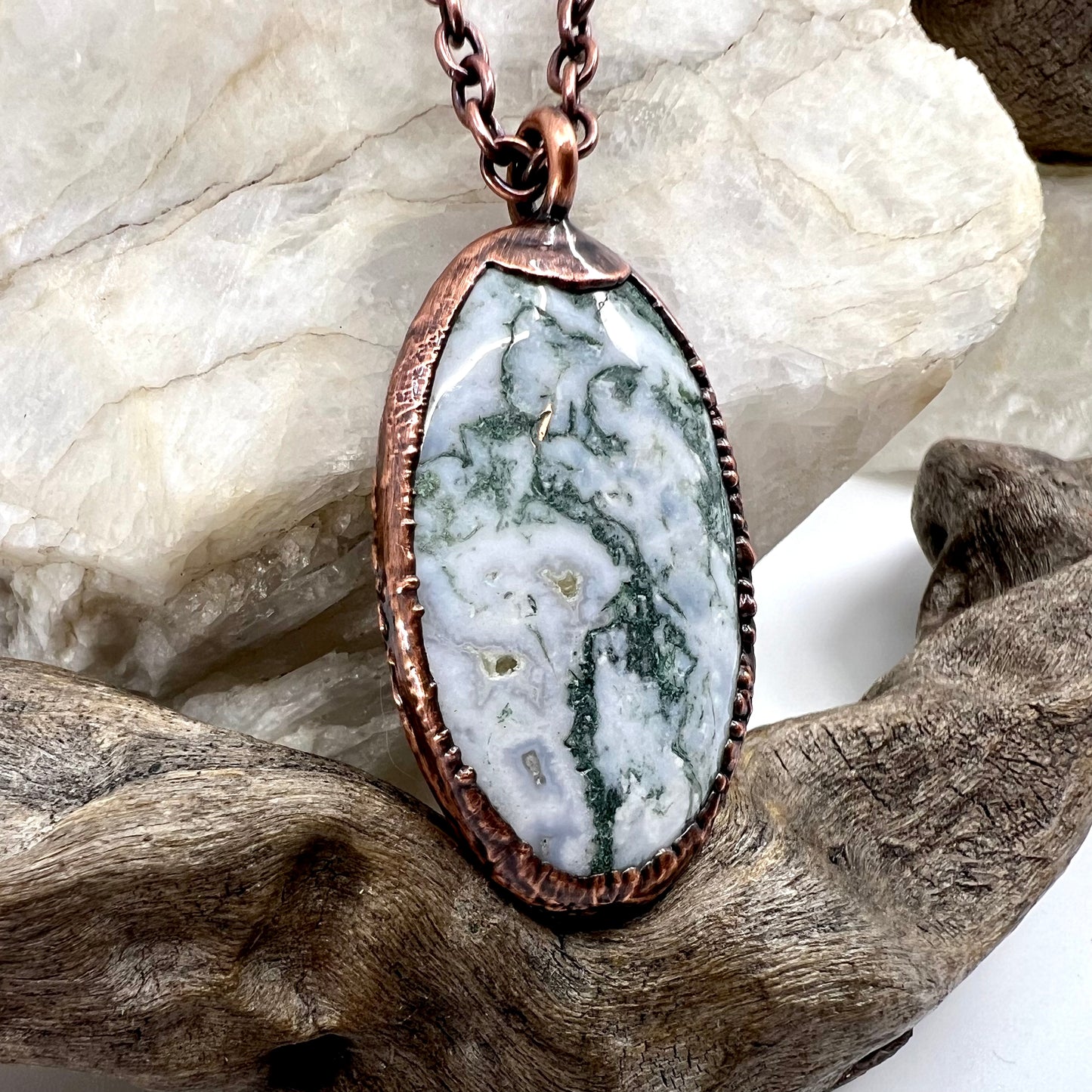 Moss Agate Necklace -- Copper Electroformed