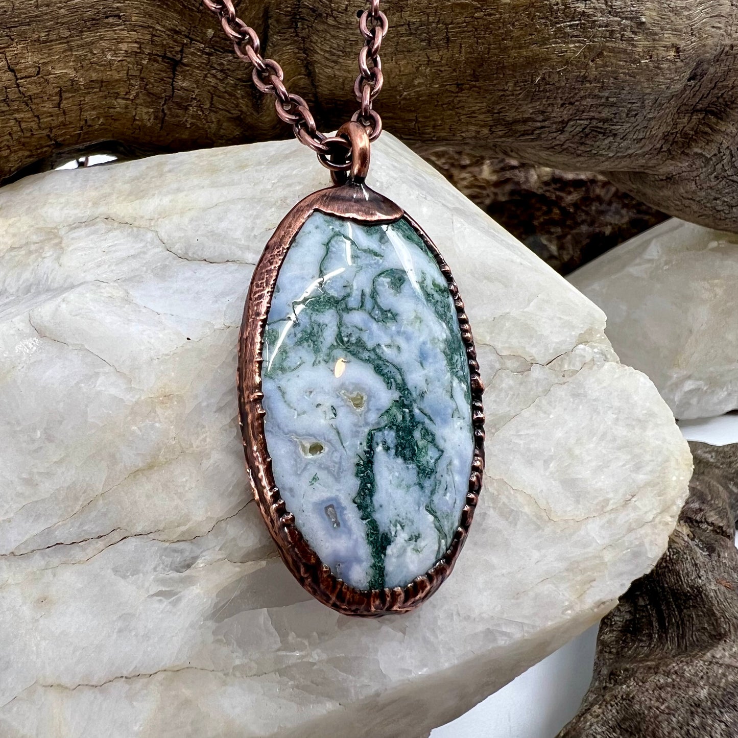 Moss Agate Necklace -- Copper Electroformed