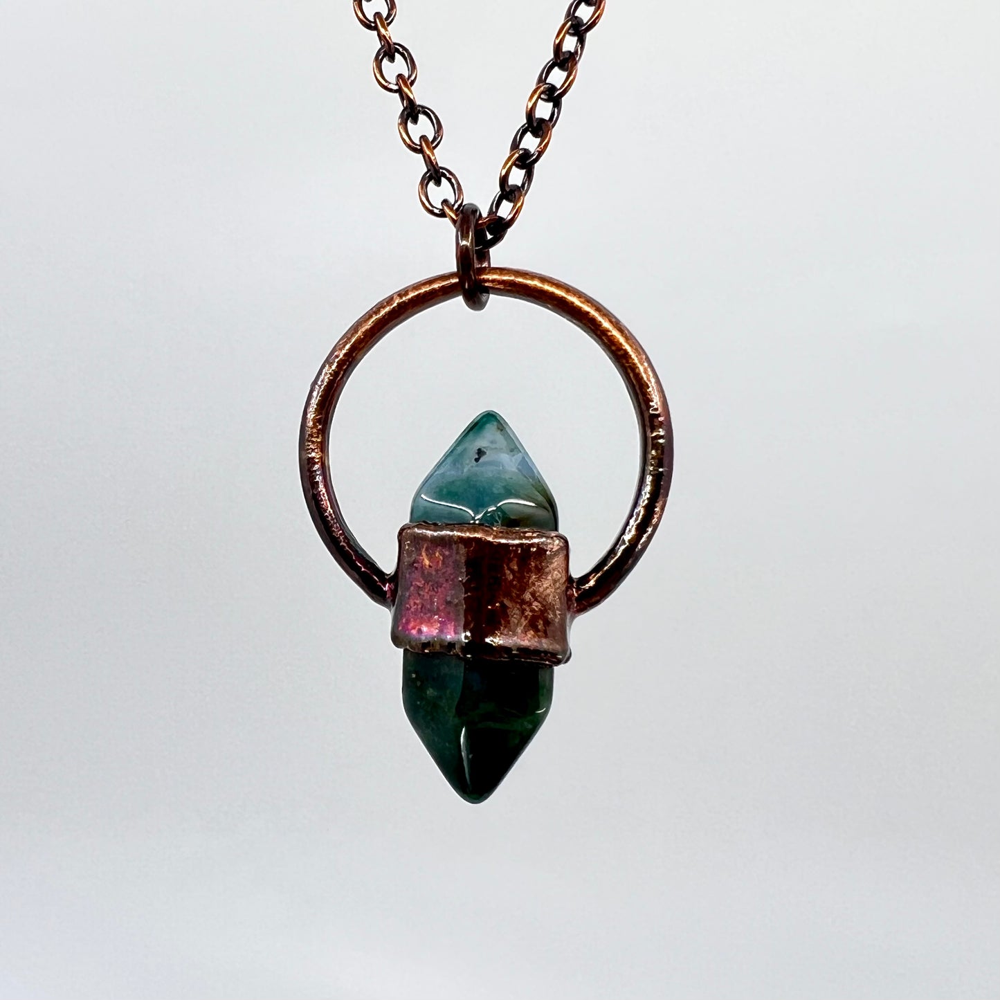 Mini Double Terminated Moss Agate Necklace - Copper Electroformed