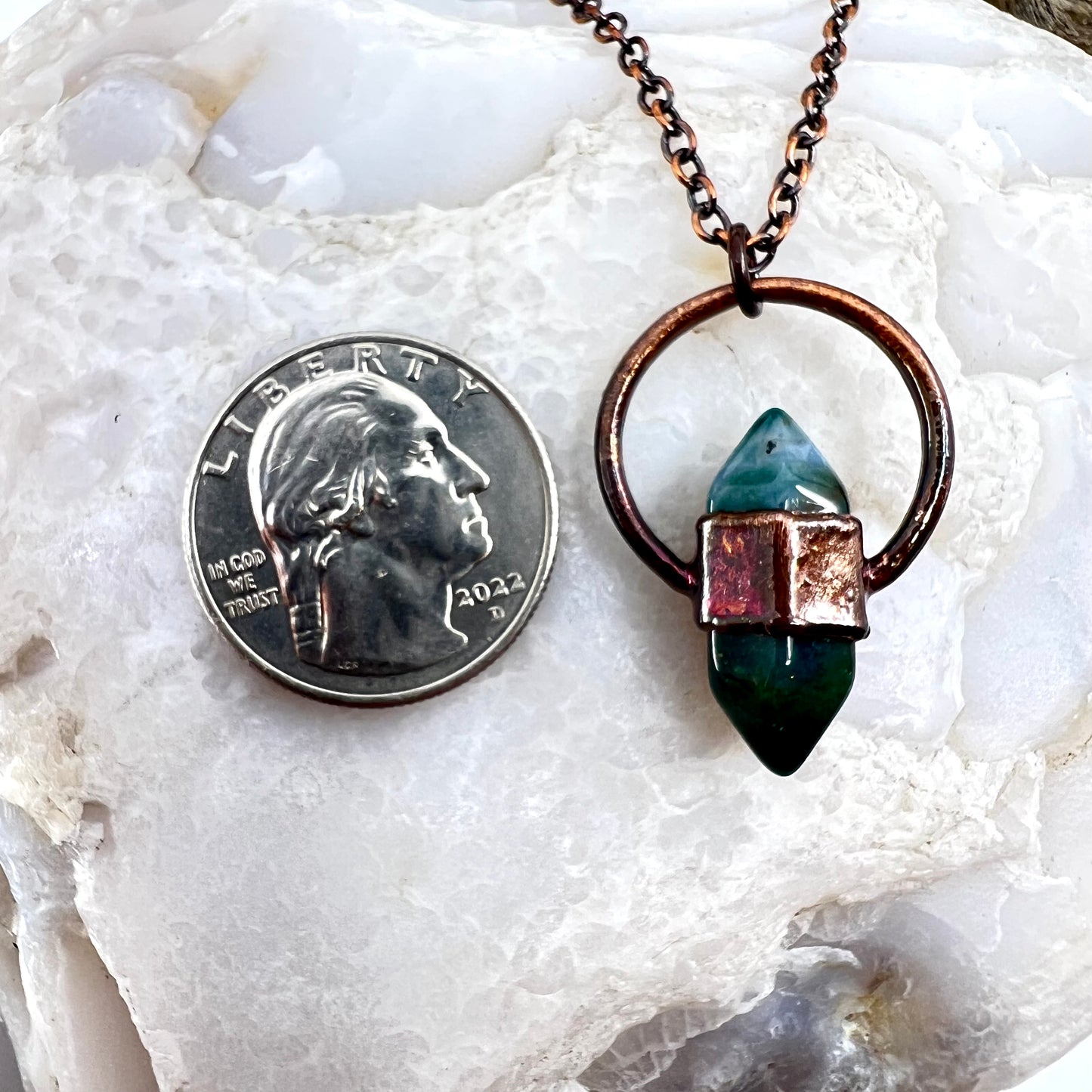 Mini Double Terminated Moss Agate Necklace - Copper Electroformed