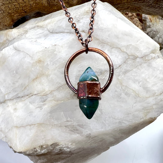 Mini Double Terminated Moss Agate Necklace - Copper Electroformed