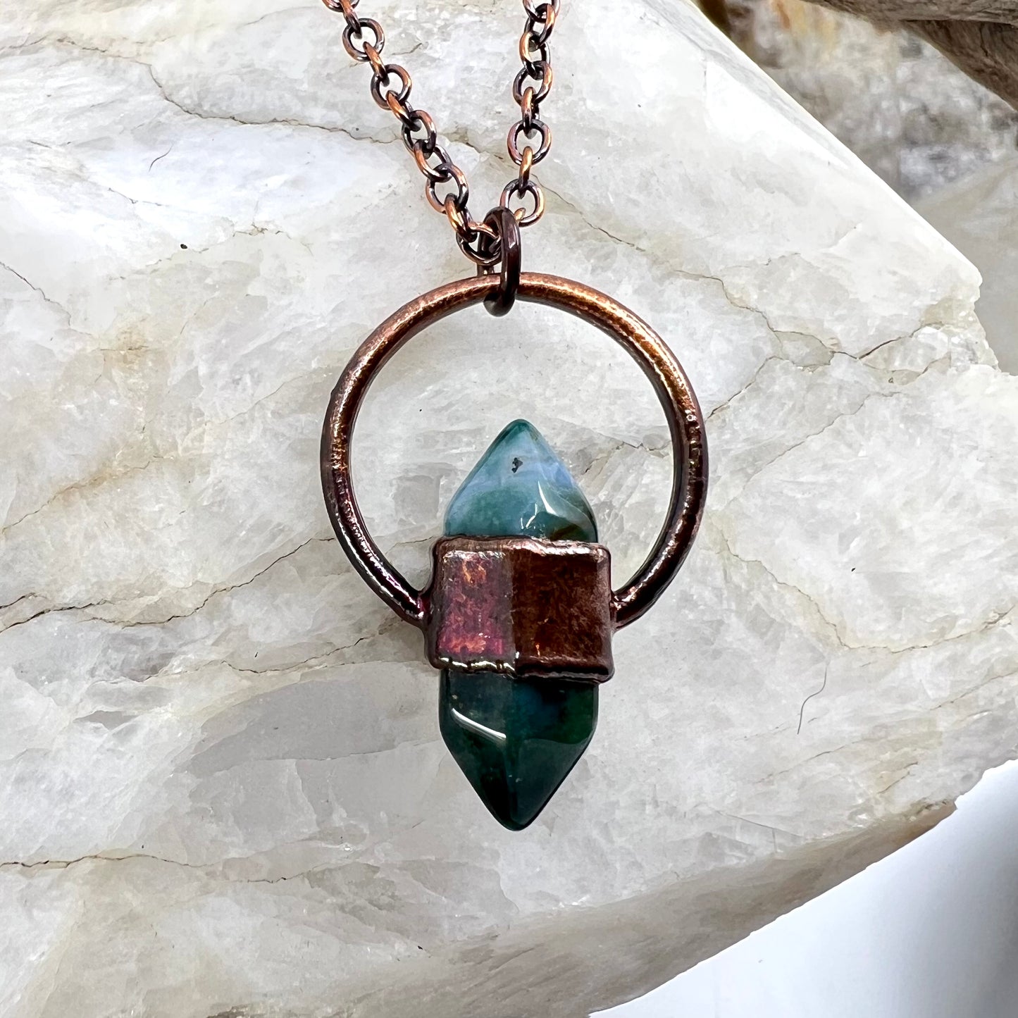 Mini Double Terminated Moss Agate Necklace - Copper Electroformed