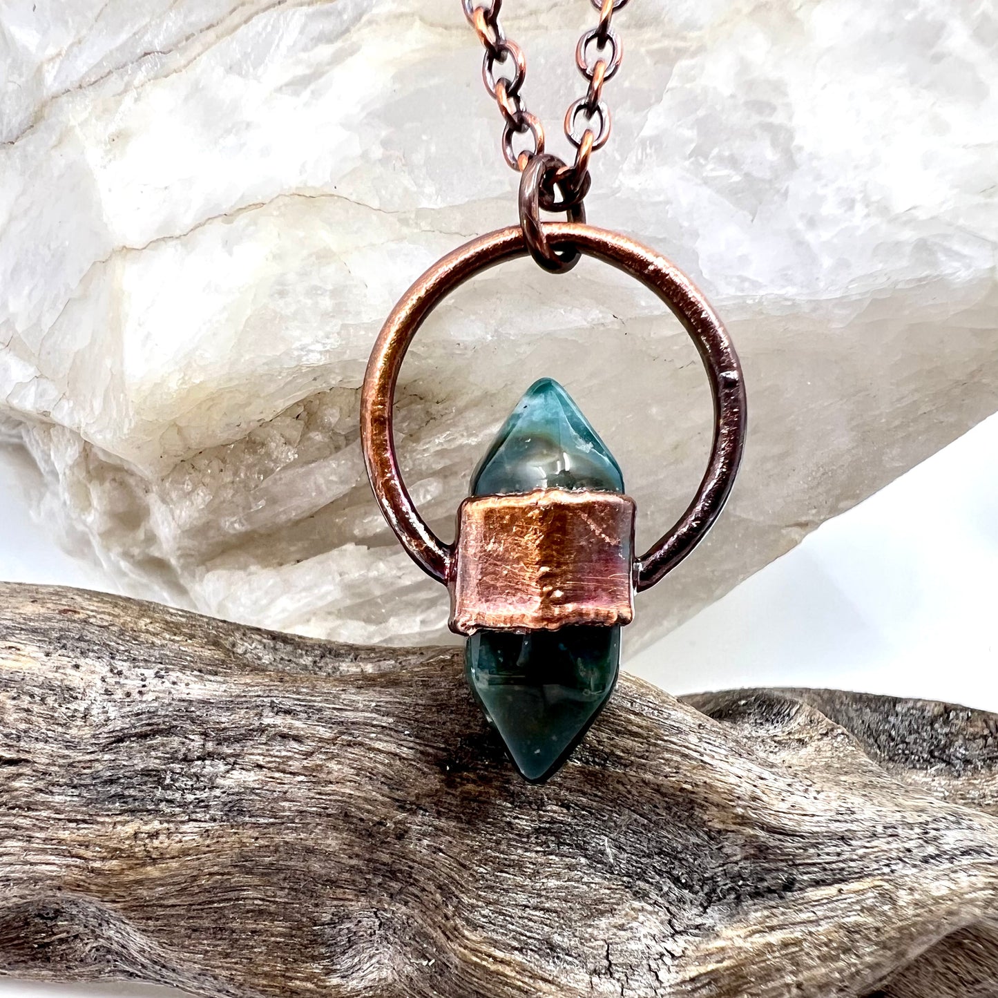 Mini Double Terminated Moss Agate Necklace - Copper Electroformed