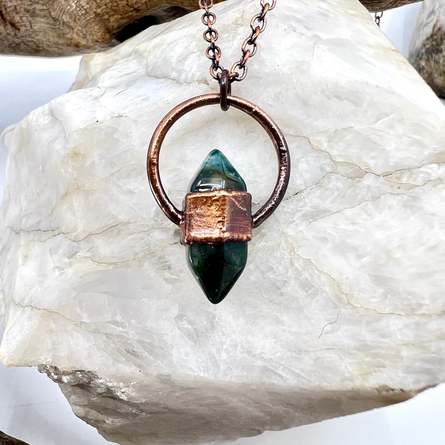 Mini Double Terminated Moss Agate Necklace - Copper Electroformed