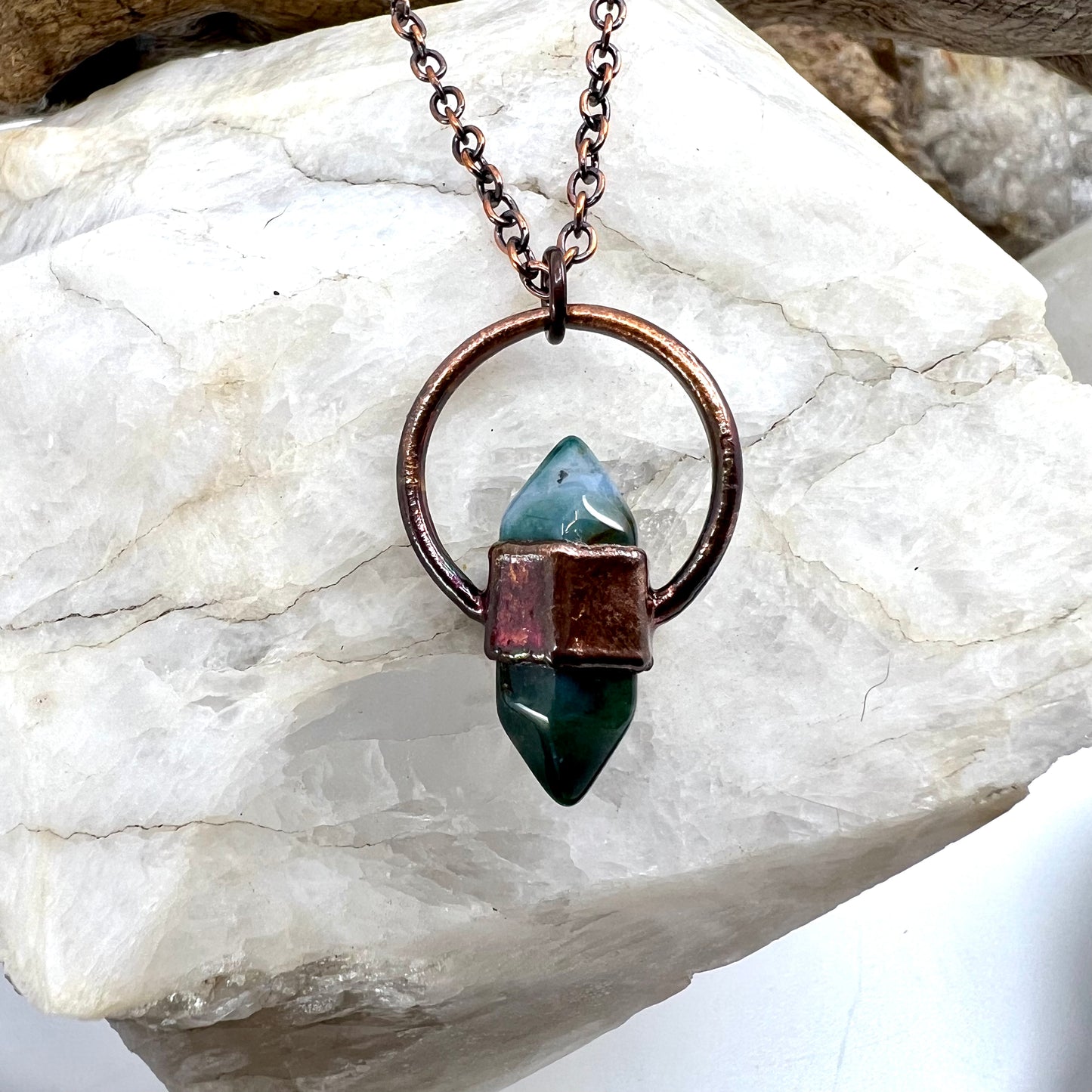 Mini Double Terminated Moss Agate Necklace - Copper Electroformed