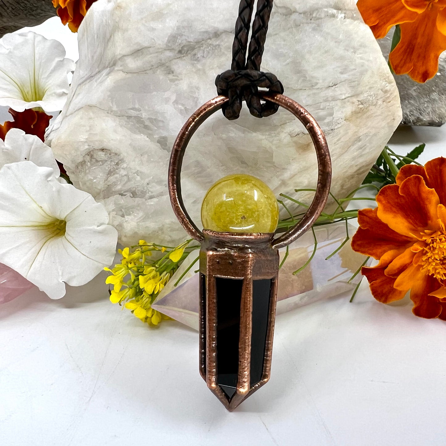 Rutilated Quartz Sphere & Obsidian Point Statement Necklace - Copper Electroformed