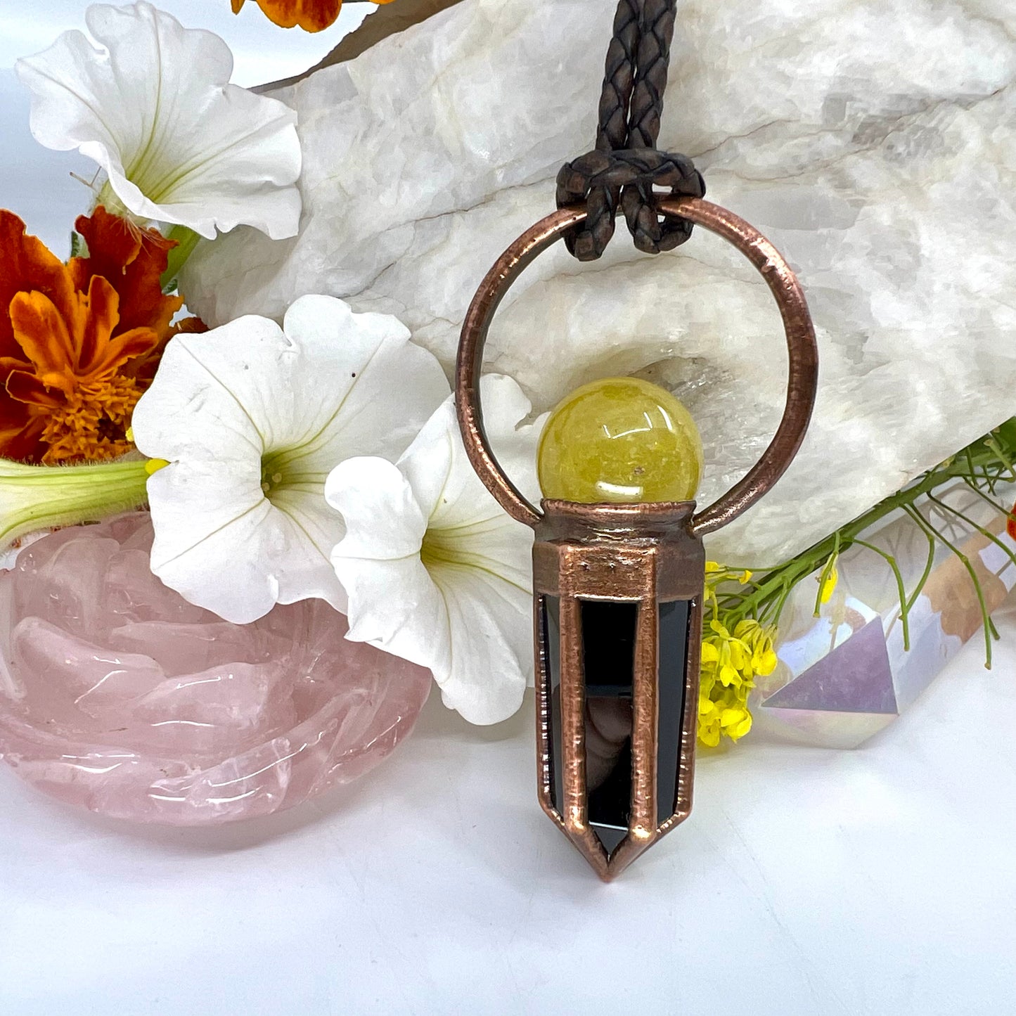 Rutilated Quartz Sphere & Obsidian Point Statement Necklace - Copper Electroformed