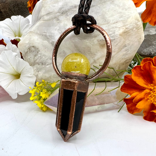 Rutilated Quartz Sphere & Obsidian Point Statement Necklace - Copper Electroformed