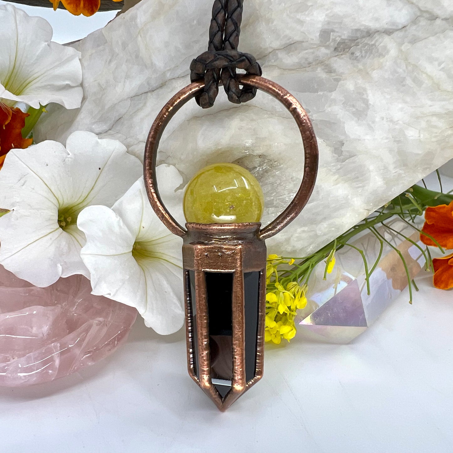 Rutilated Quartz Sphere & Obsidian Point Statement Necklace - Copper Electroformed