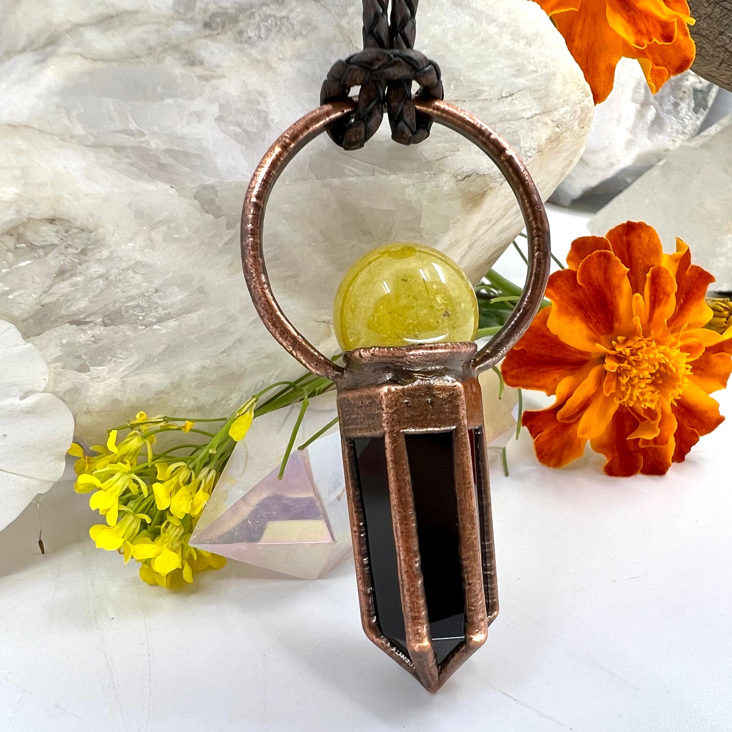 Rutilated Quartz Sphere & Obsidian Point Statement Necklace - Copper Electroformed