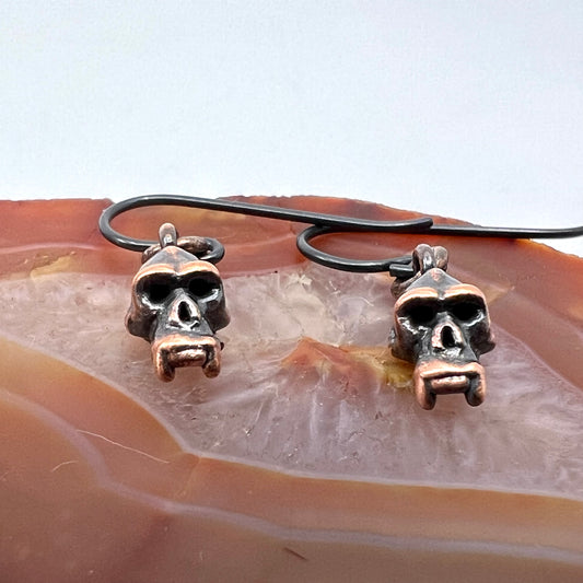 Mini Monkey Skull Replica Earrings - Copper Electroformed