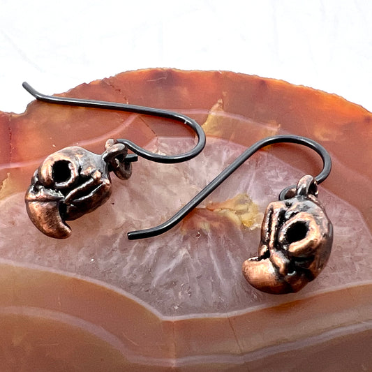 Mini Bird Skull Replica Earrings - Copper Electroformed