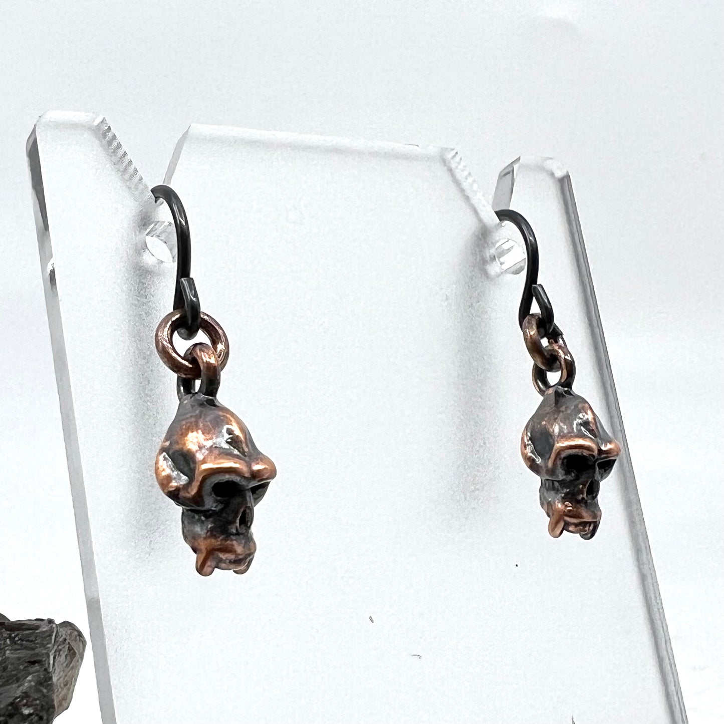 Mini Monkey Skull Replica Earrings - Copper Electroformed