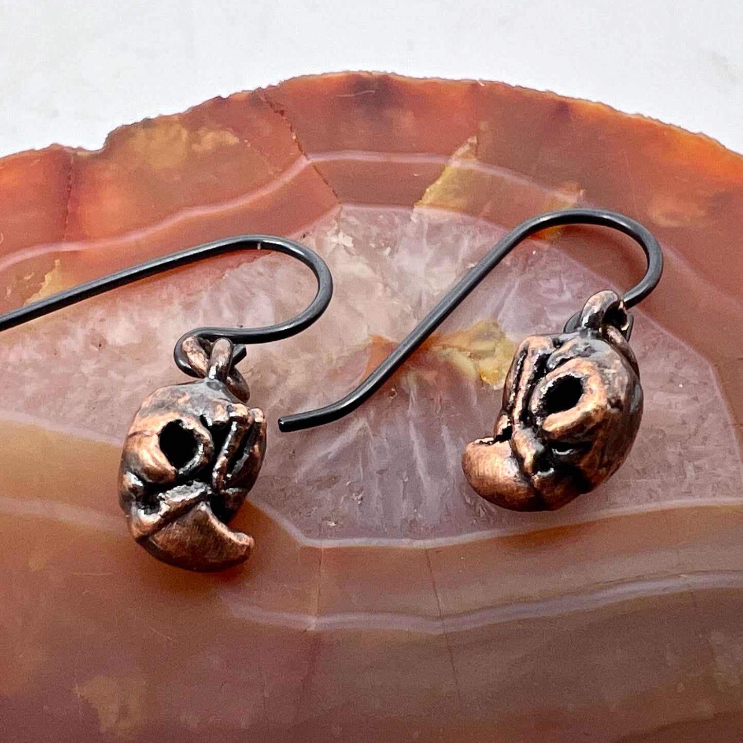 Mini Bird Skull Replica Earrings - Copper Electroformed