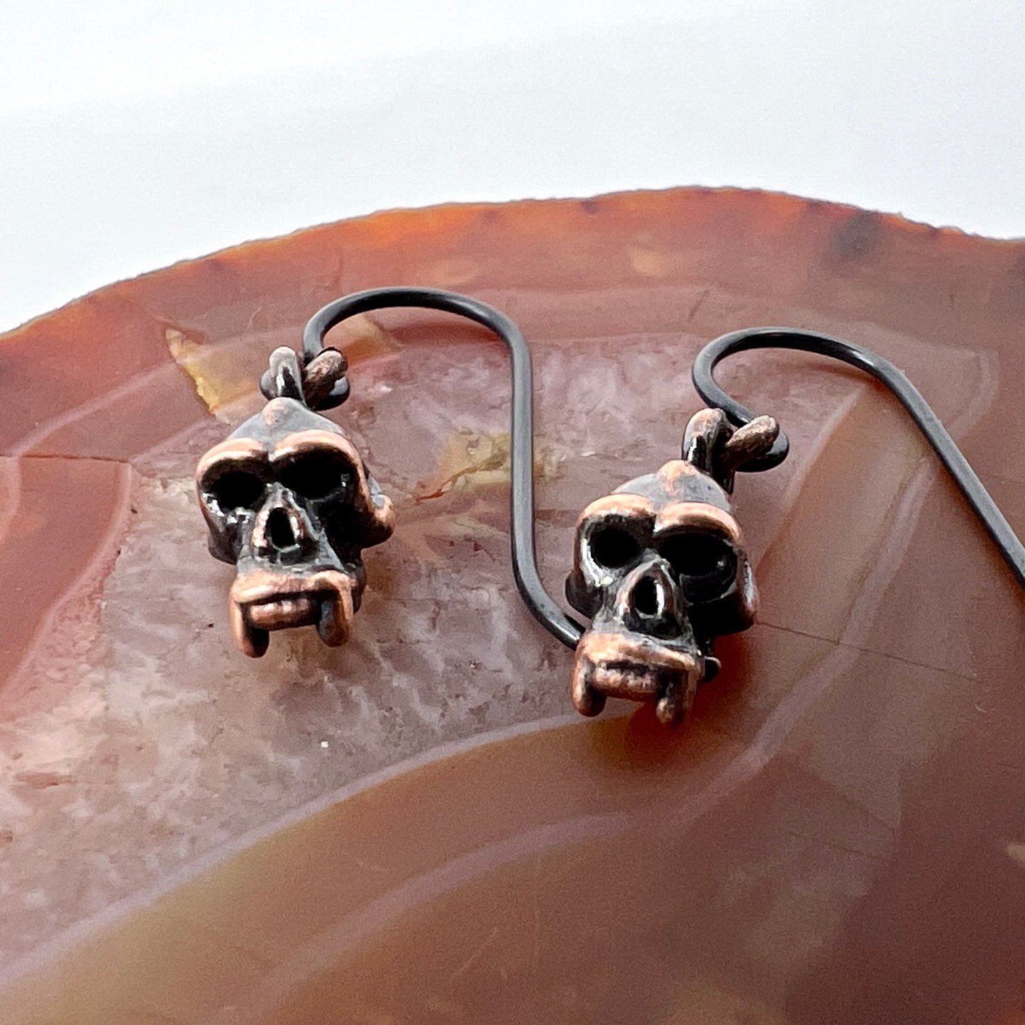 Mini Monkey Skull Replica Earrings - Copper Electroformed