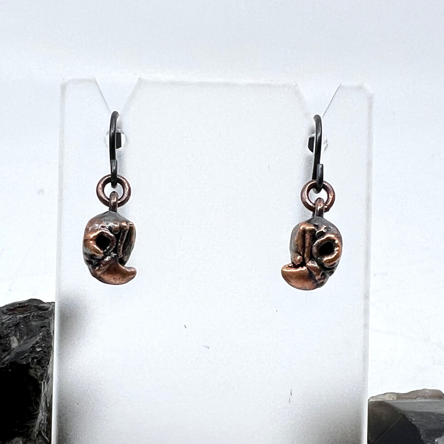 Mini Bird Skull Replica Earrings - Copper Electroformed