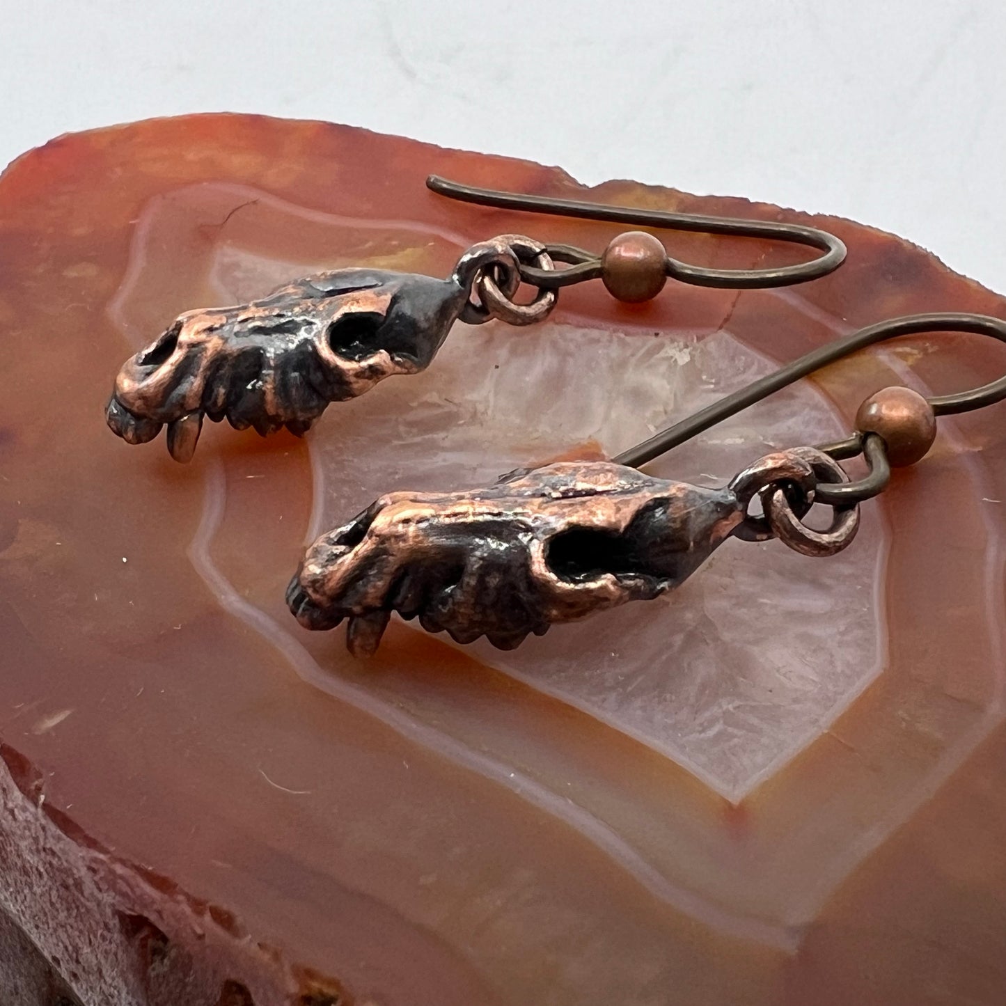 Wolf Skull Replica Earrings - Copper Electroformed