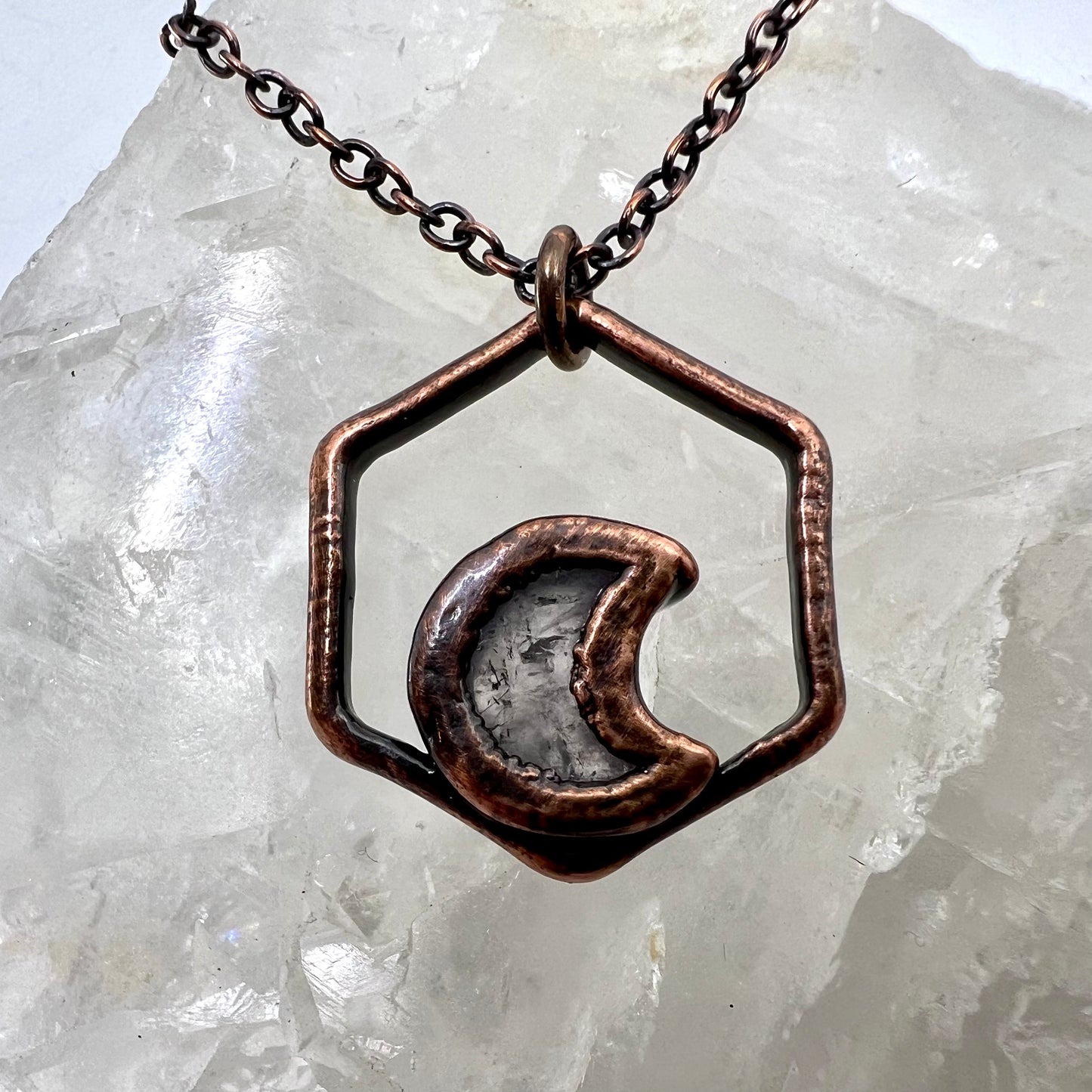 Dainty Amethyst Moon Necklace - Copper Electroformed