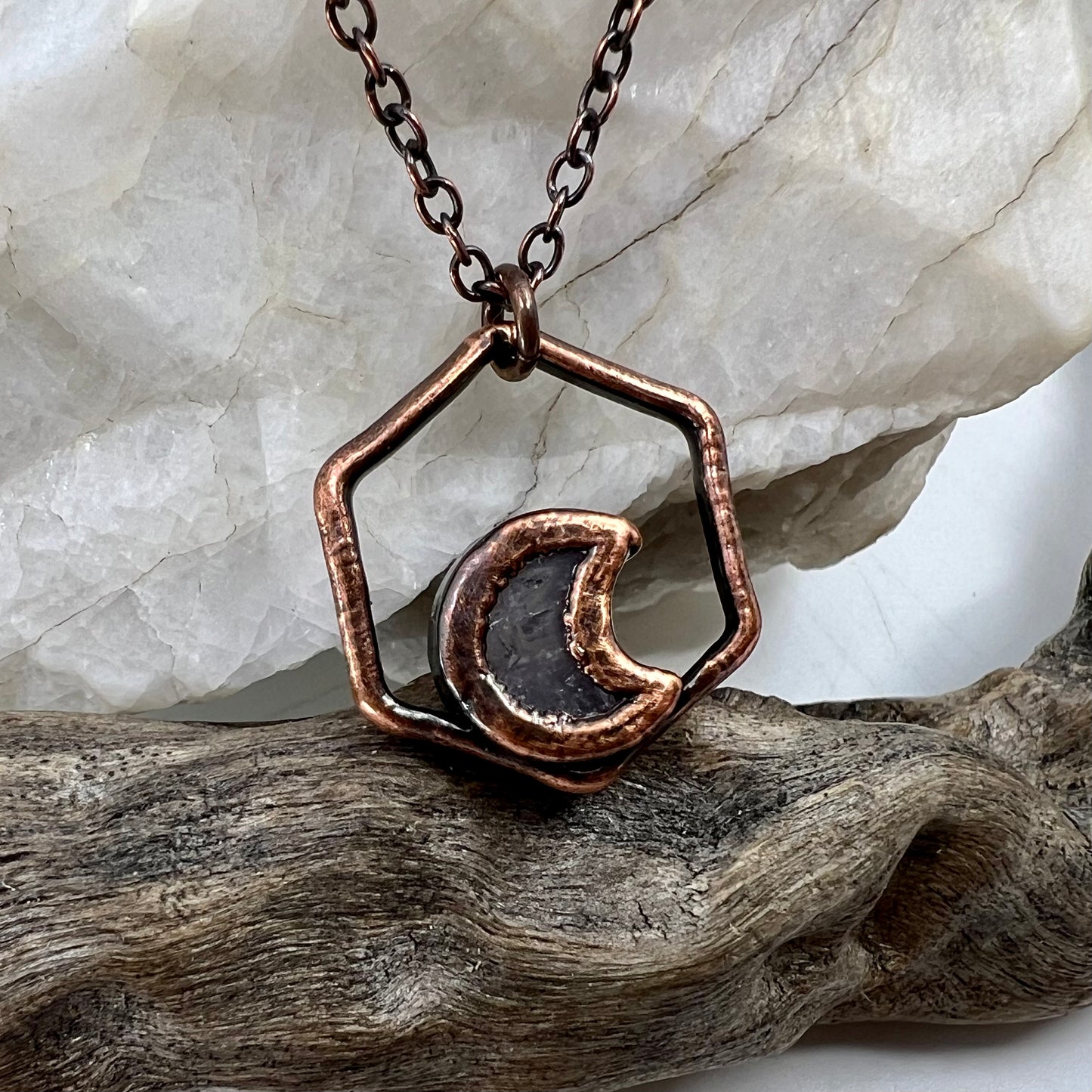 Dainty Amethyst Moon Necklace - Copper Electroformed