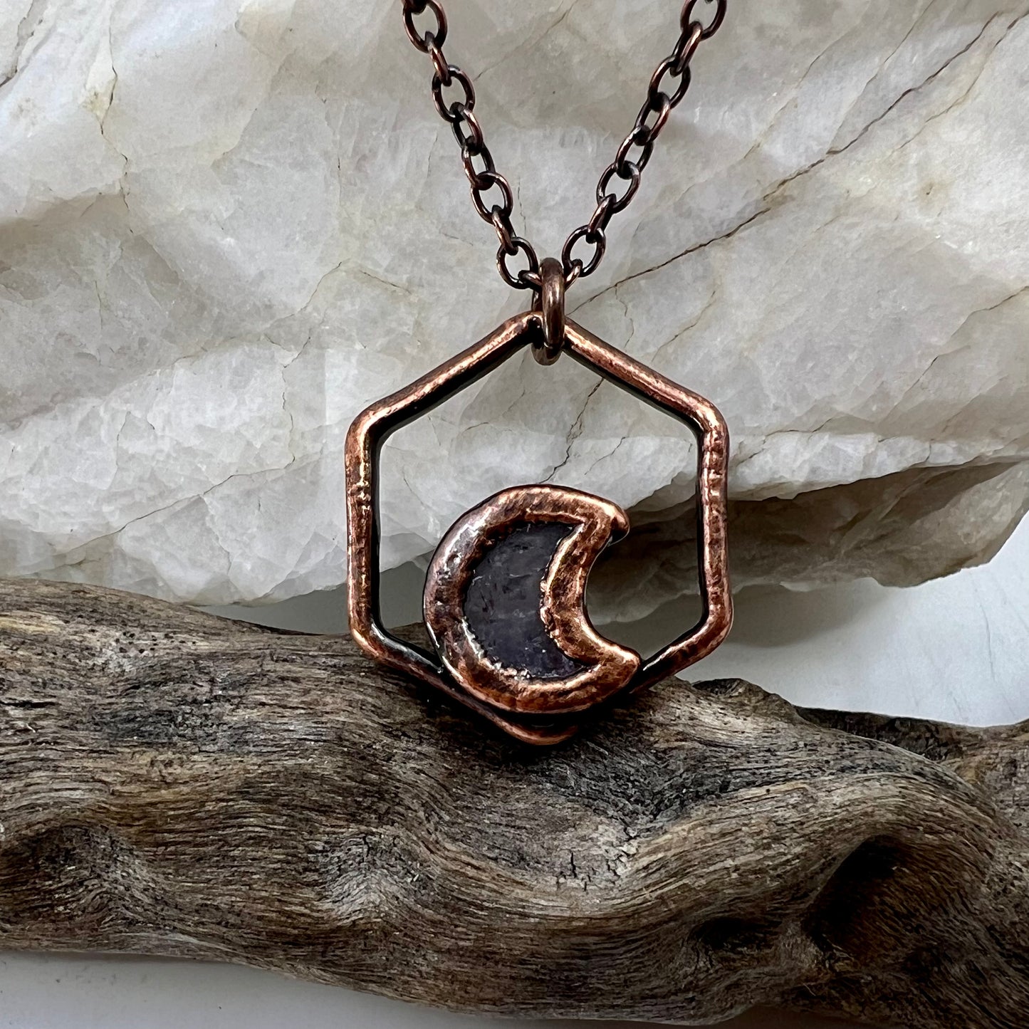 Dainty Amethyst Moon Necklace - Copper Electroformed