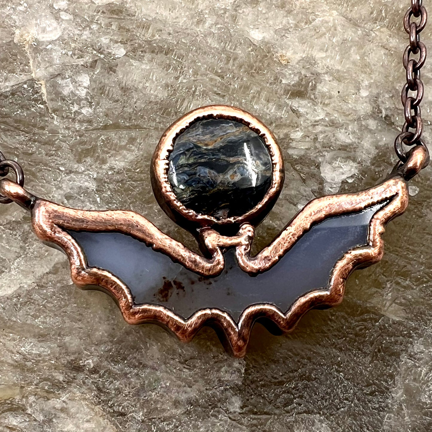 Blue Agate Bat with Pietersite - Copper Electroformed