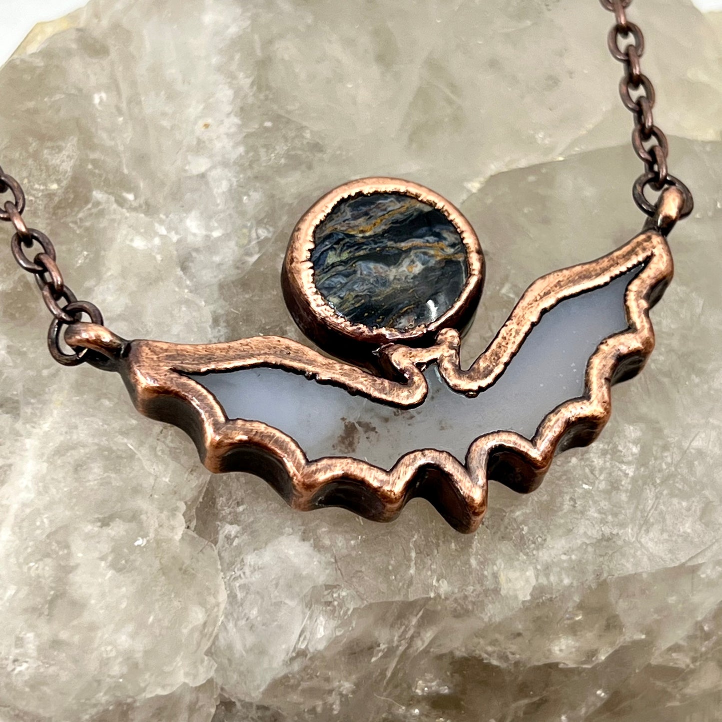 Blue Agate Bat with Pietersite - Copper Electroformed