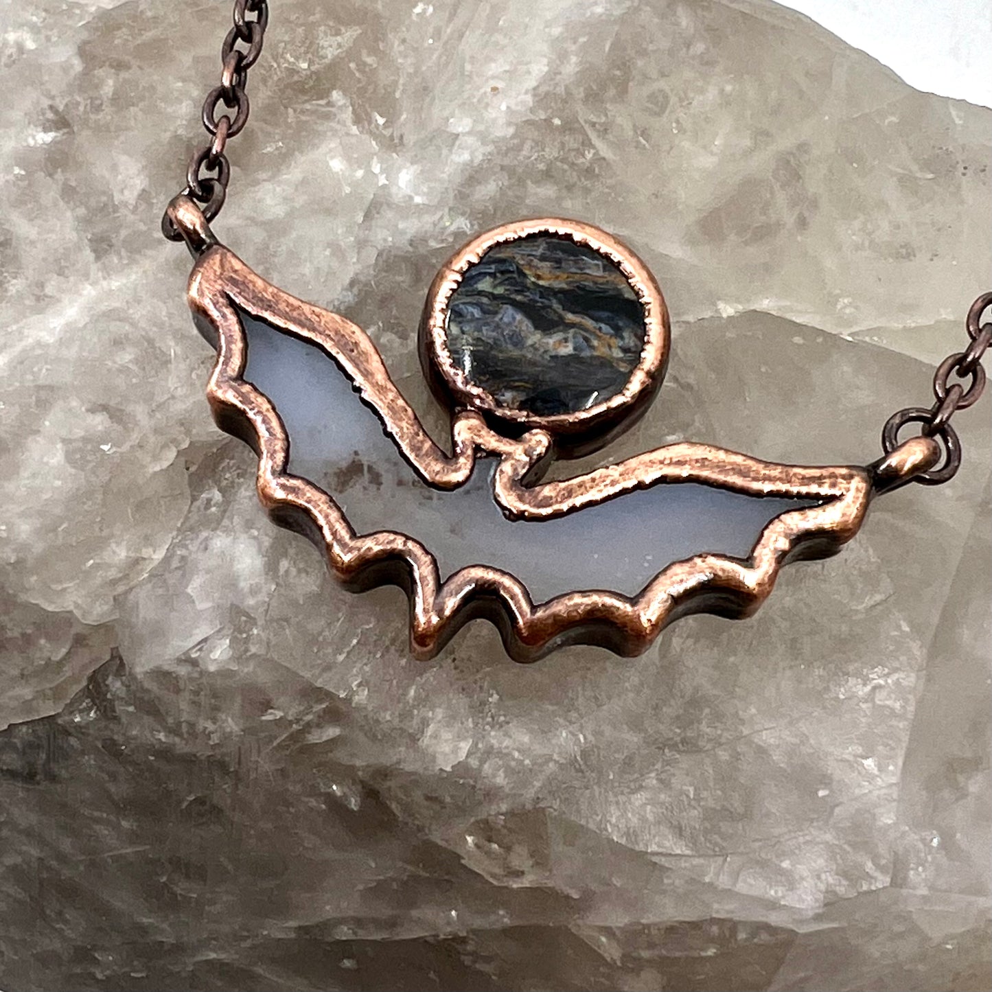 Blue Agate Bat with Pietersite - Copper Electroformed