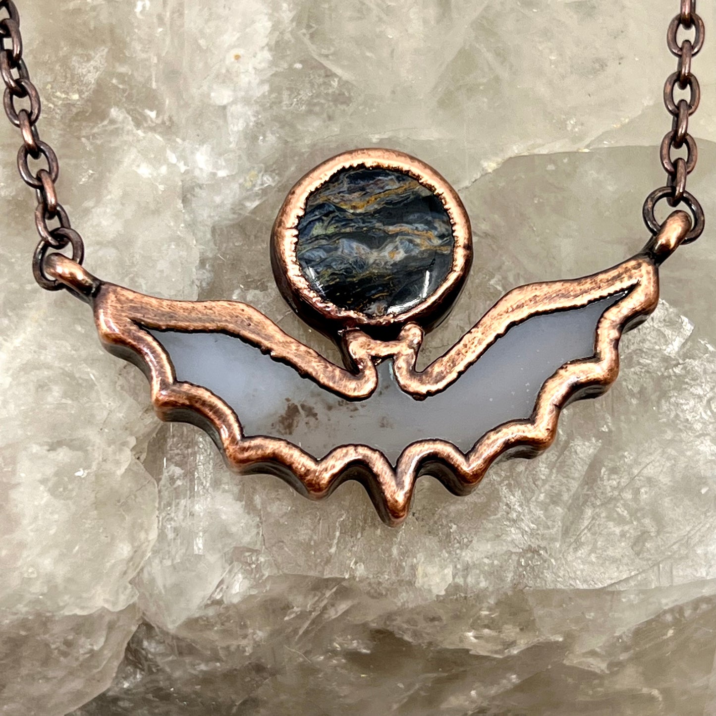 Blue Agate Bat with Pietersite - Copper Electroformed