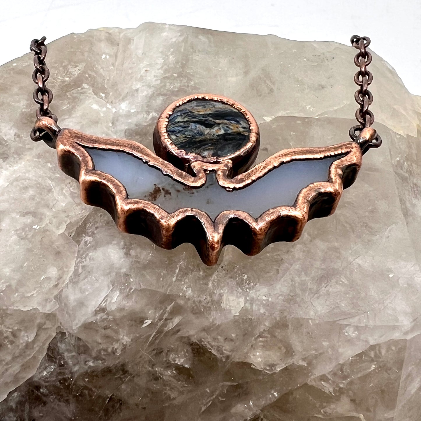 Blue Agate Bat with Pietersite - Copper Electroformed