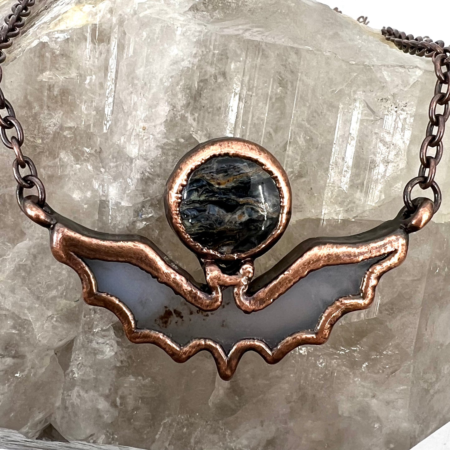 Blue Agate Bat with Pietersite - Copper Electroformed