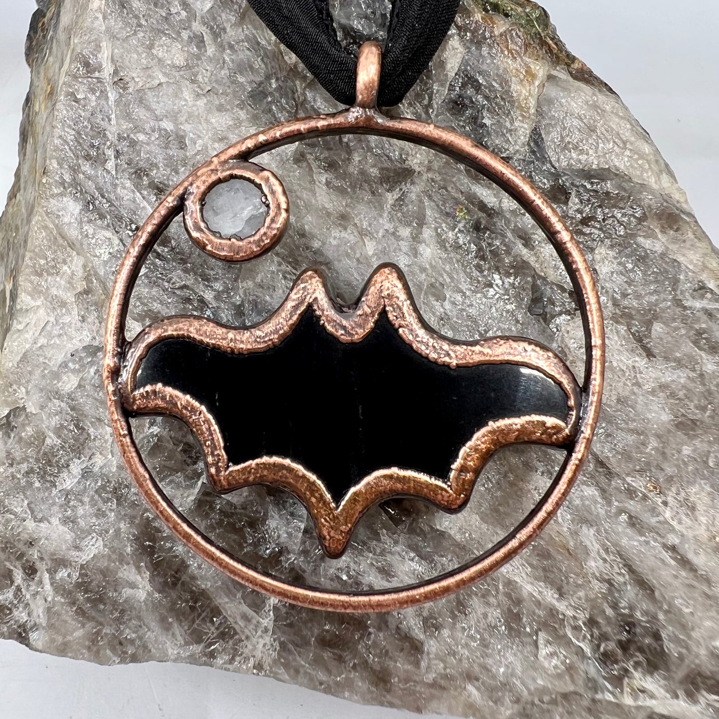 Obsidian Bat with Moonstone Accent - Copper Electroformed