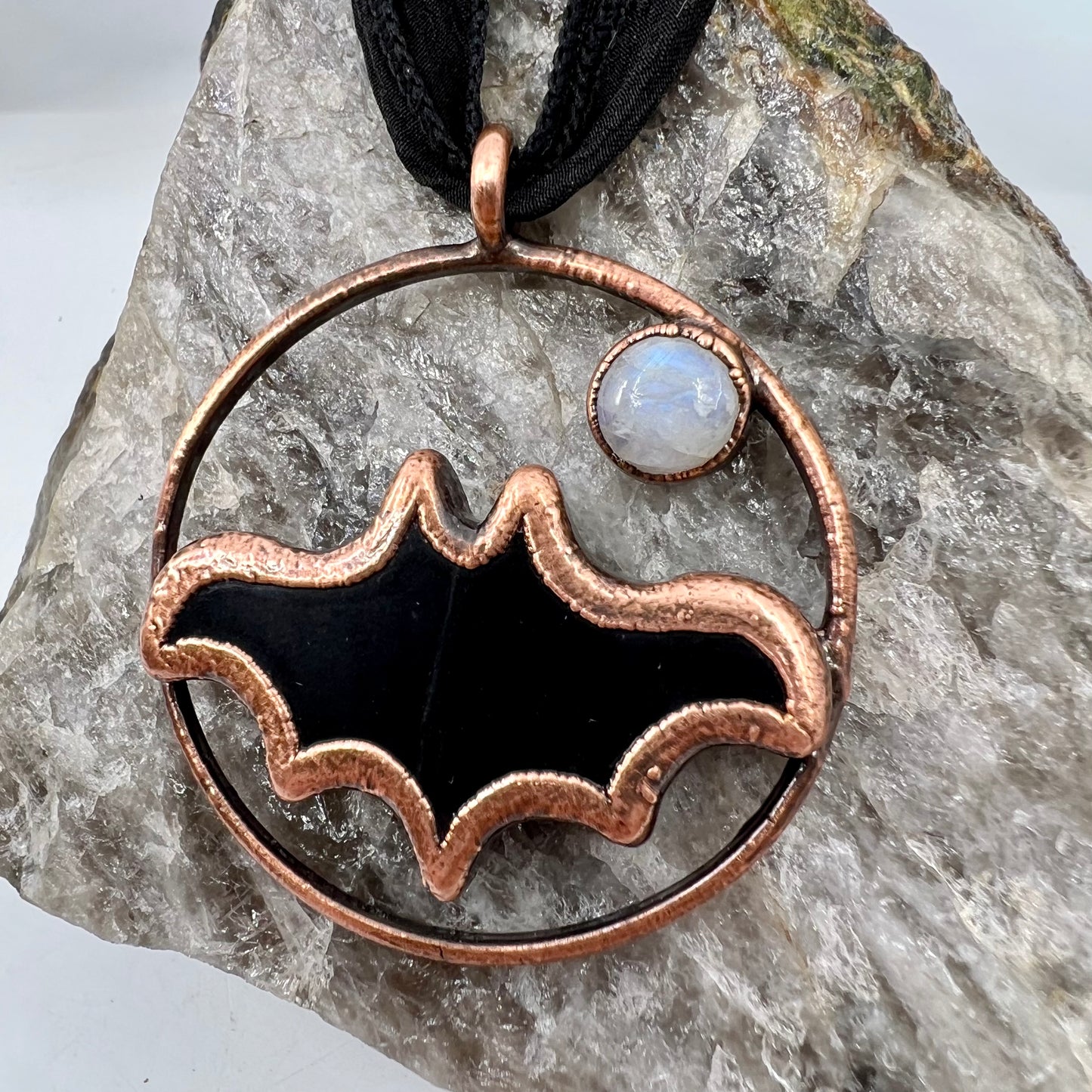 Obsidian Bat with Moonstone Accent - Copper Electroformed