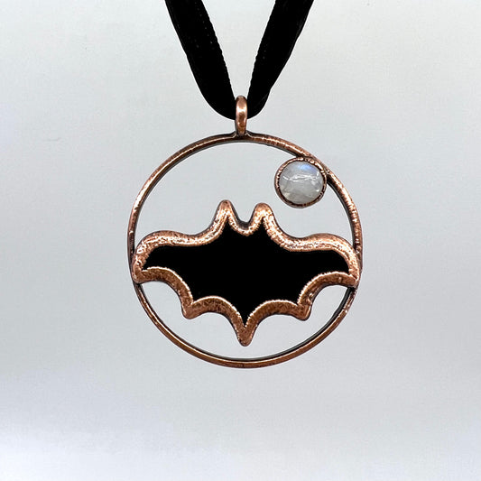 Obsidian Bat with Moonstone Accent - Copper Electroformed