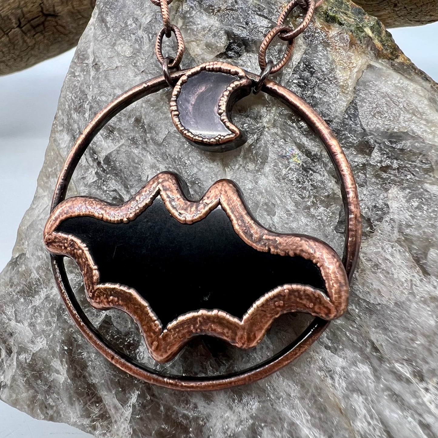 Obsidian Bat with Amethyst Accent - Copper Electroformed