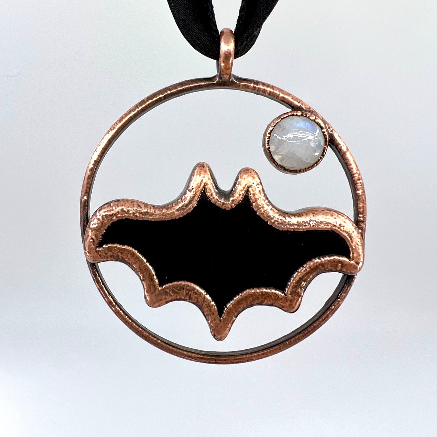 Obsidian Bat with Moonstone Accent - Copper Electroformed