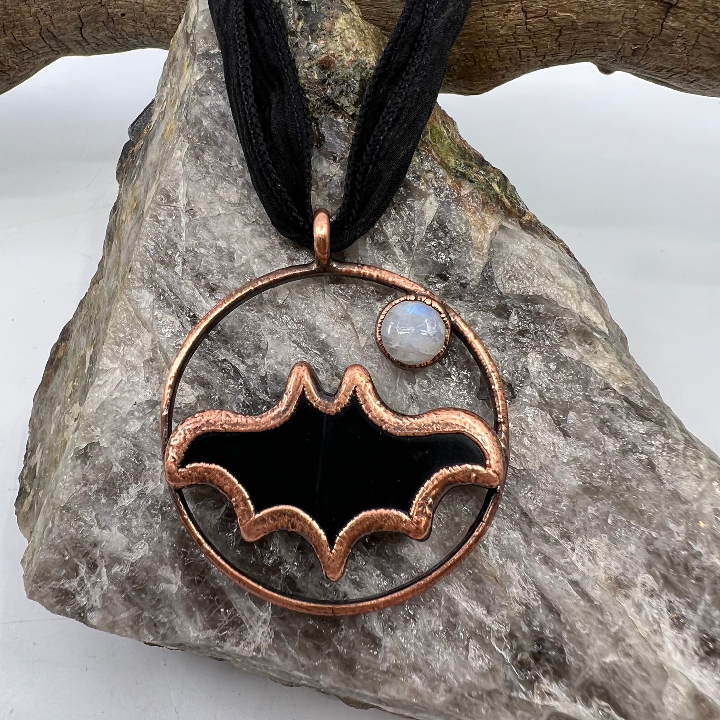 Obsidian Bat with Moonstone Accent - Copper Electroformed