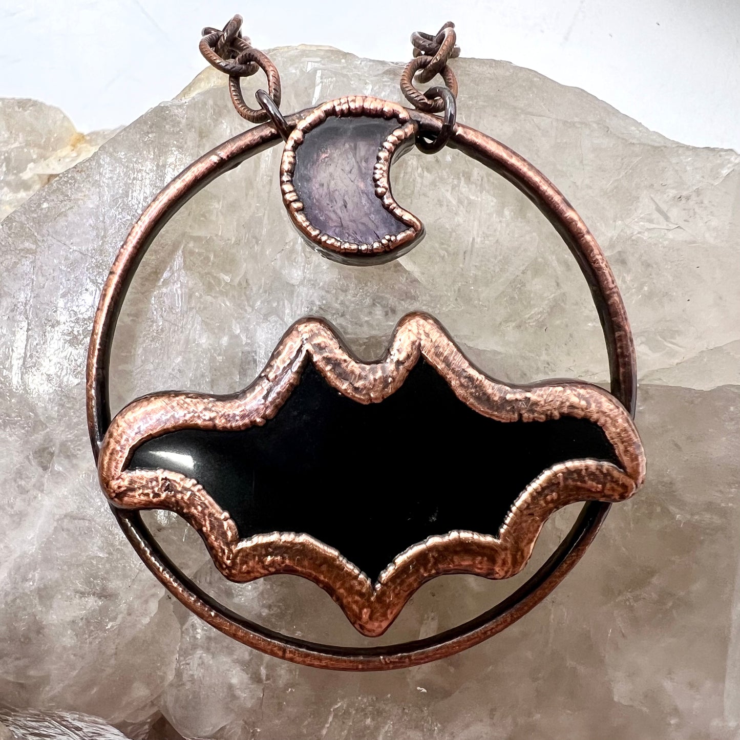 Obsidian Bat with Amethyst Accent - Copper Electroformed