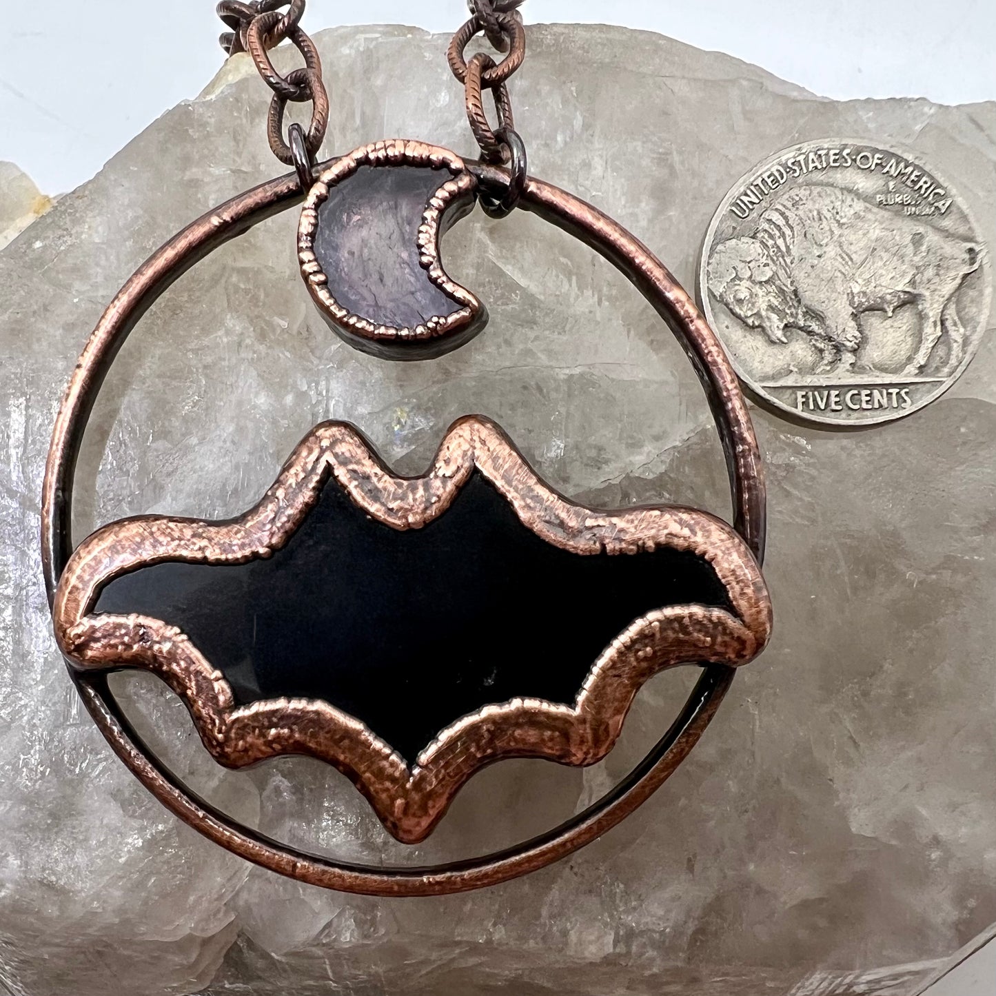 Obsidian Bat with Amethyst Accent - Copper Electroformed